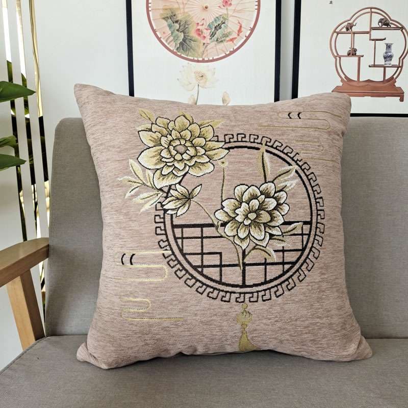 花柄円紋刺繍クッションカバー