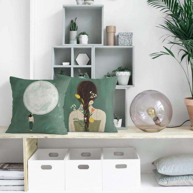 クッションカバー 植物と人物のシルエットクッション
